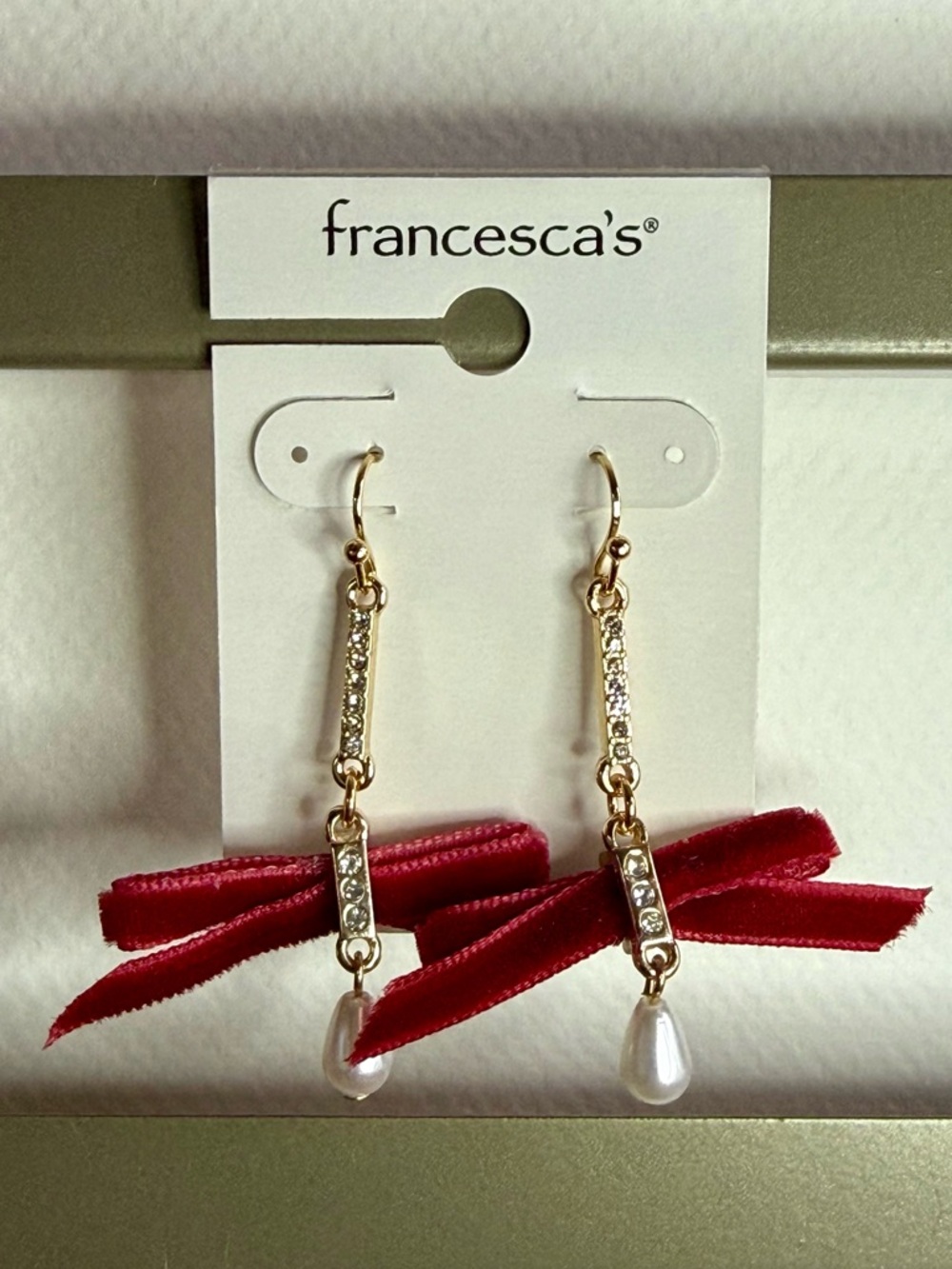 Francesca's Collections Red Velvet Bow Earrings with Gold & Pearl Drops